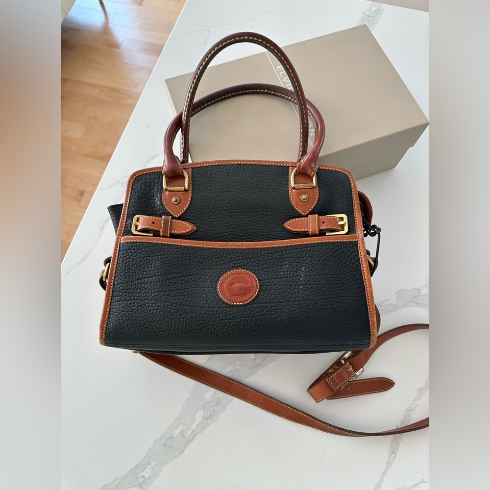 Dooney & Bourke Black Pebble Leather Satchel with Brown Trim